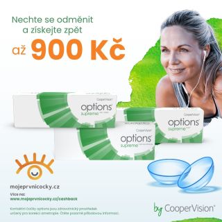 Na každé 2 zakoupené krabičky kontaktních čoček Options od firmy CooperVision můžete čerpat vrácení peněz od 75 Kč do 900...